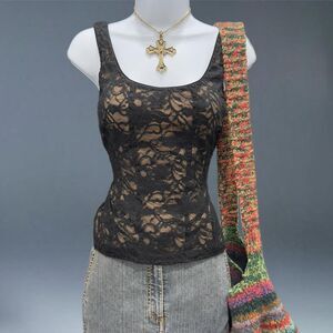 vintage cache black lace zip front corset tank top y2k goth lingerie small